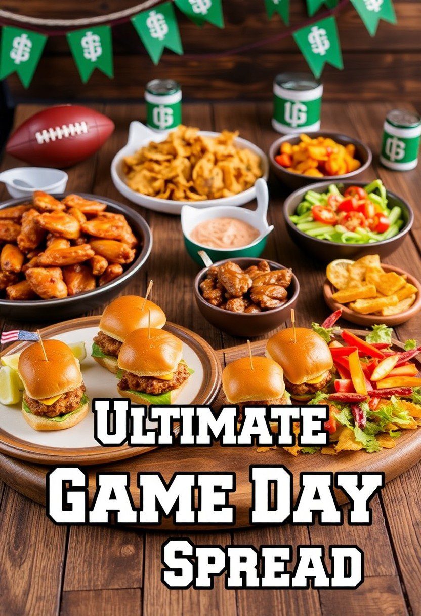 Game Day Spread loaded with sliders, nachos, wings, and dips on a rustic table