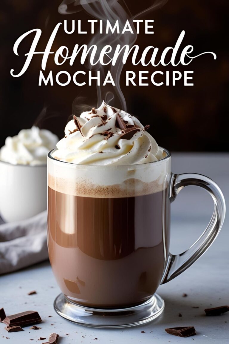 A steaming cup of homemade mocha topped with whipped cream and chocolate shavings.