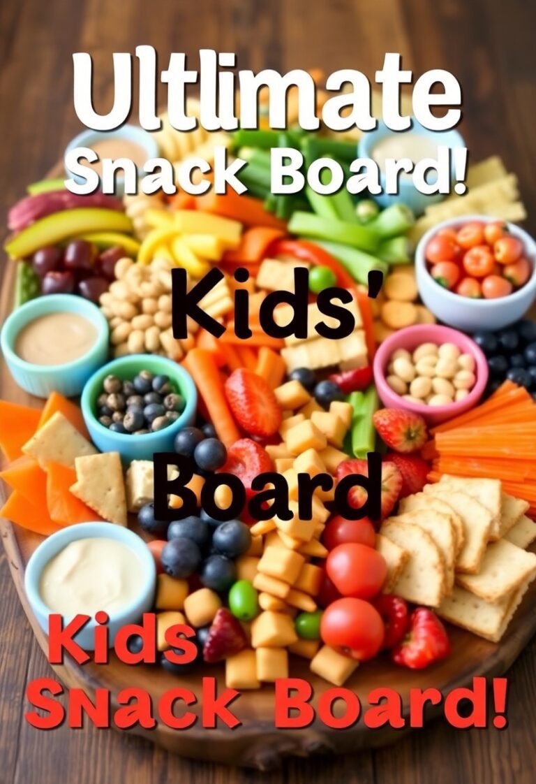 Ultimate Kids' Snack Board featuring colorful fruits, cheese, crackers, and fun dips for a healthy, fun kids' snack idea