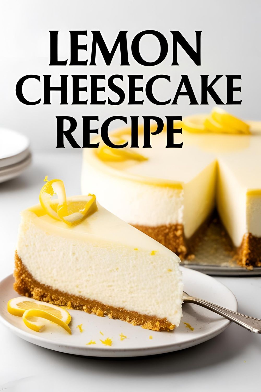 A luscious slice of lemon cheesecake topped with lemon zest and raspberries.