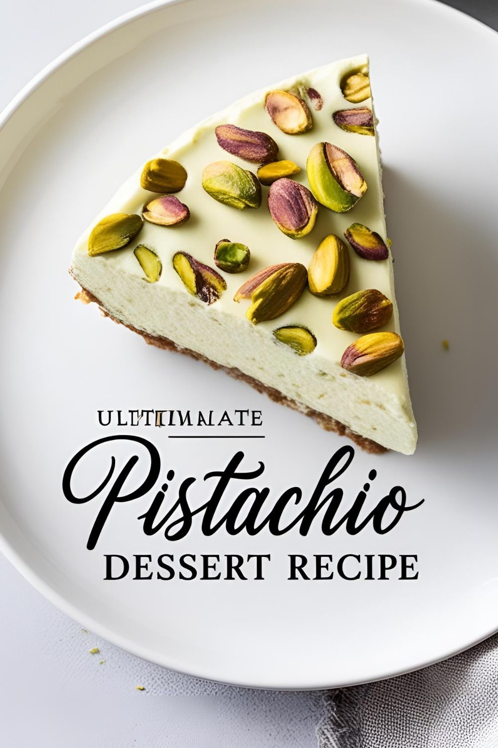 A slice of pistachio dessert with creamy layers and a crunchy crust, garnished with chopped pistachios.