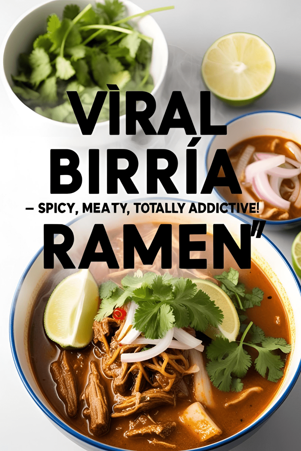 Bowl of viral birria ramen topped with beef, cilantro, lime, and ramen noodles