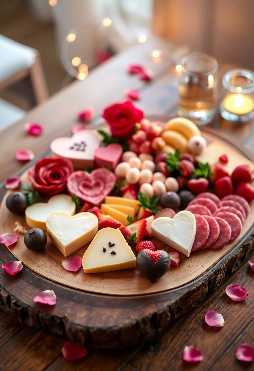 Valentine’s Day charcuterie board filled with heart-shaped snacks, fruits, and sweets styled for date night