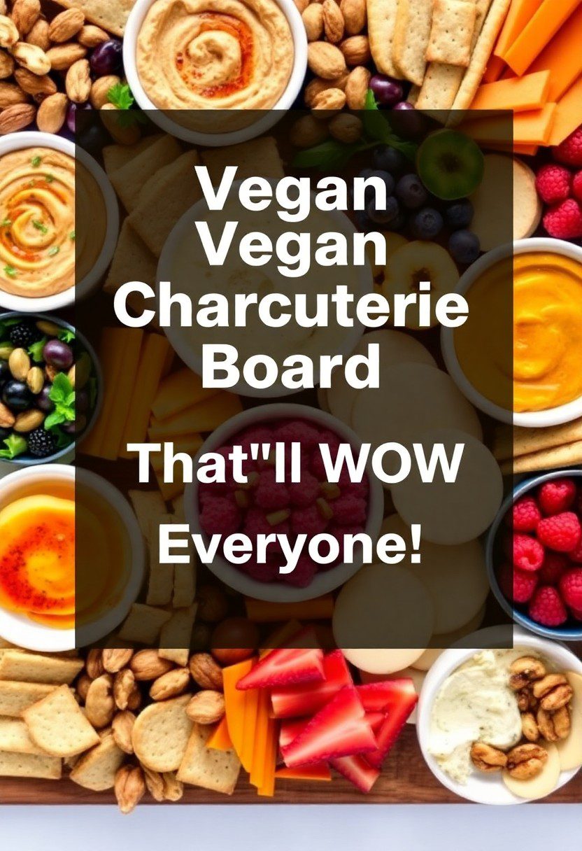 A colorful vegan charcuterie board filled with fruits, dips, vegan cheeses, and vibrant plant-based snacks perfect for parties.