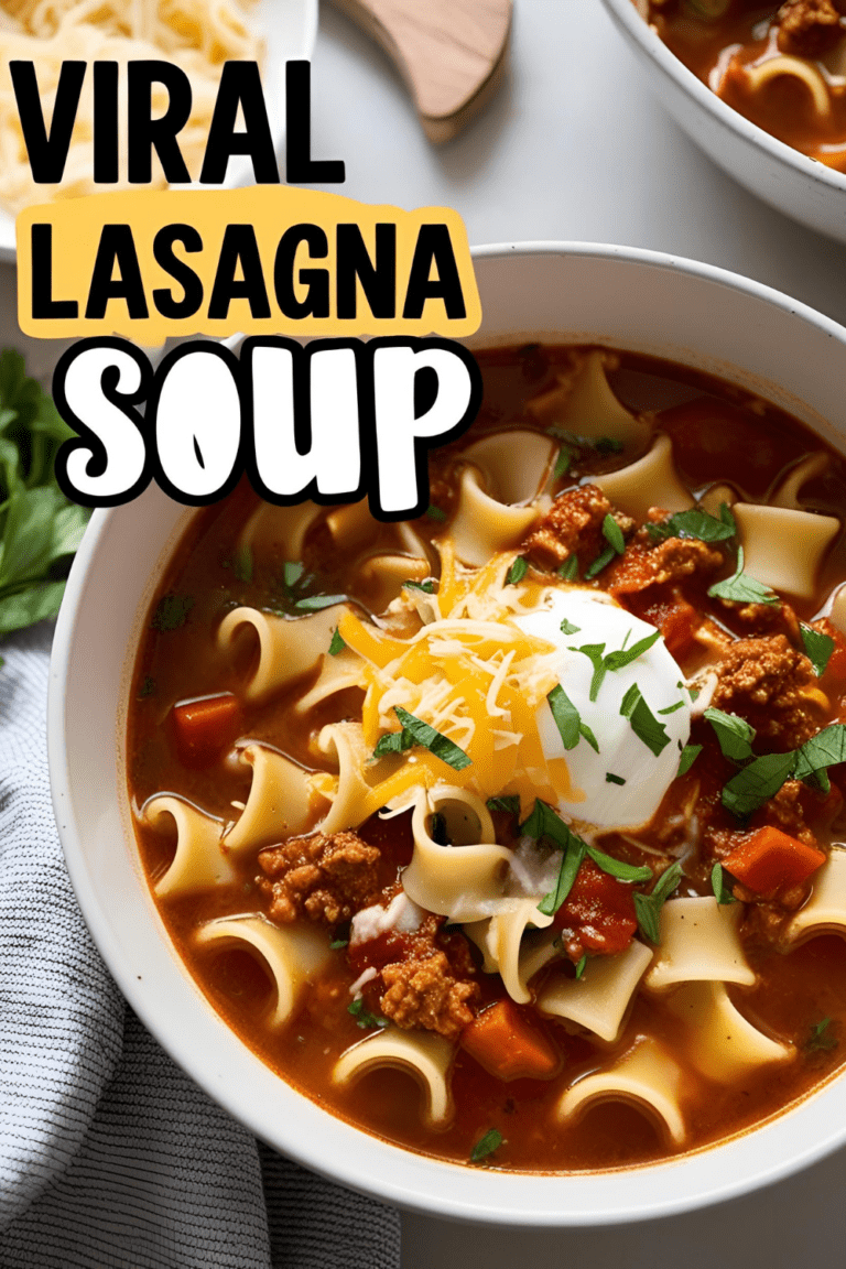 Bowl of cheesy viral lasagna soup with herbs and noodles in cozy lighting