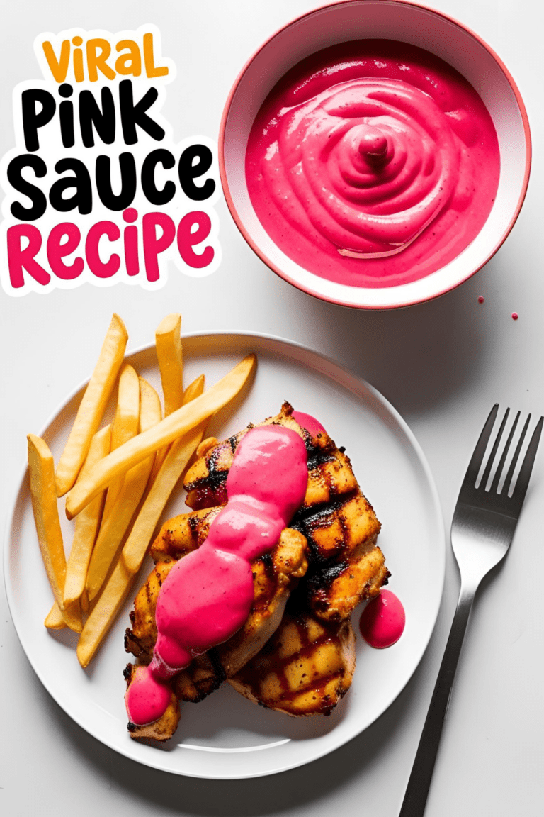 Overhead image of a creamy pink sauce drizzled over food with bold text that reads "Viral Pink Sauce Recipe