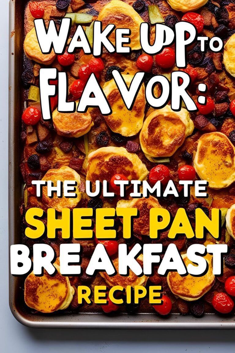 A colorful sheet pan filled with roasted potatoes, sausage, and sunny-side-up eggs, garnished with fresh herbs