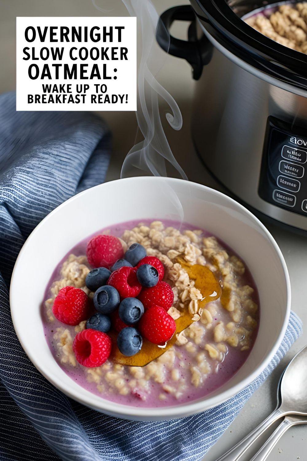 Bowl of creamy slow cooker oatmeal with apples, cinnamon, and nuts, styled on a rustic breakfast table with warm, cozy lighting.