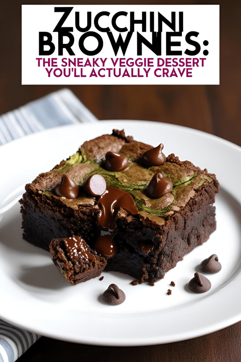 A rich, fudgy slice of zucchini brownie on a plate with gooey chocolate chips and a rustic kitchen background