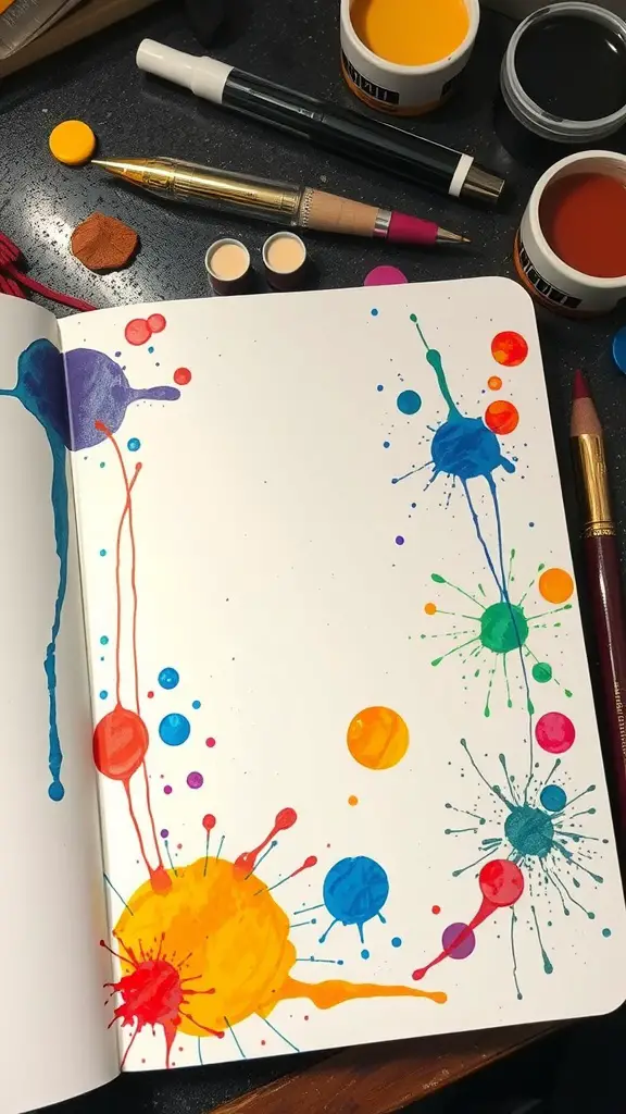 A vibrant sketchbook page featuring colorful paint splashes and abstract designs.