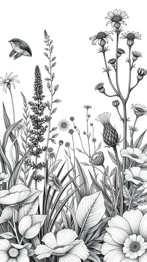 A detailed sketch of various flowers, plants, and a small bird.