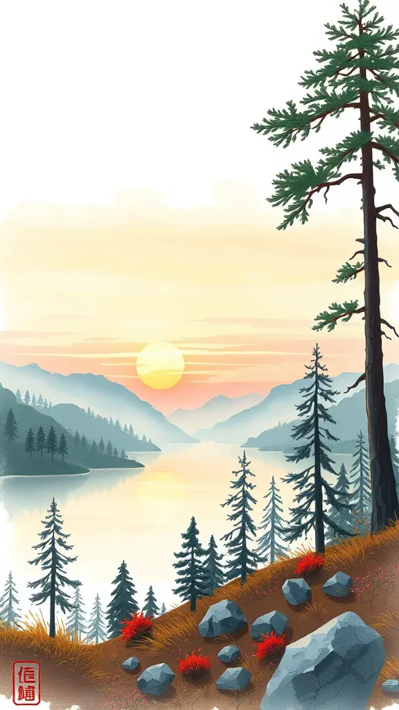 A tranquil landscape featuring a lake, mountains, and trees during sunset.