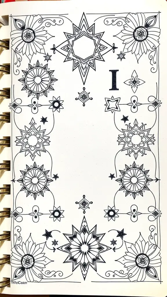 An artistic sketchbook page filled with geometric shapes and floral designs.