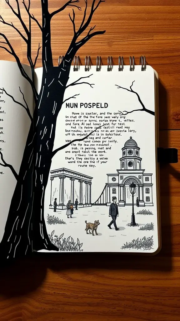 A sketchbook page featuring an illustration of a cityscape with a tree silhouette.
