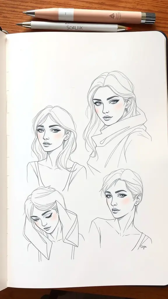 A sketchbook page featuring minimalist line art of four female portraits.