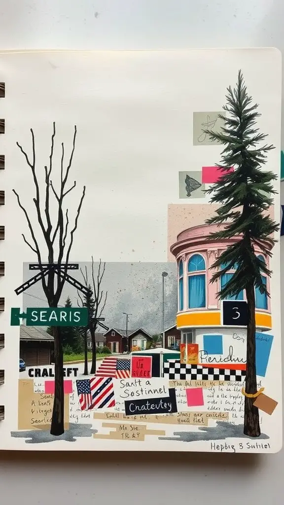 Aesthetic sketchbook page featuring a collage of images, text, and drawings.