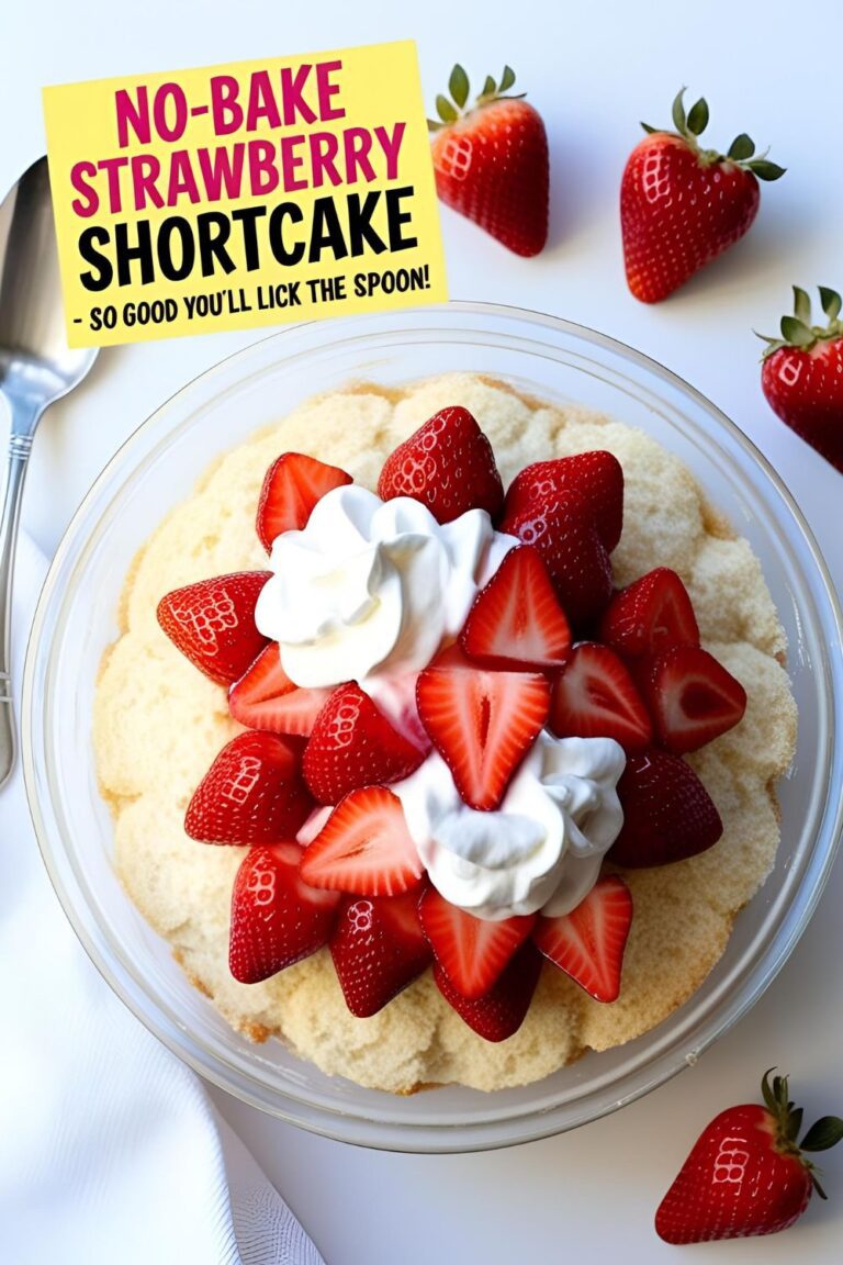No-bake strawberry shortcake topped with whipped cream and strawberries in a glass dish.