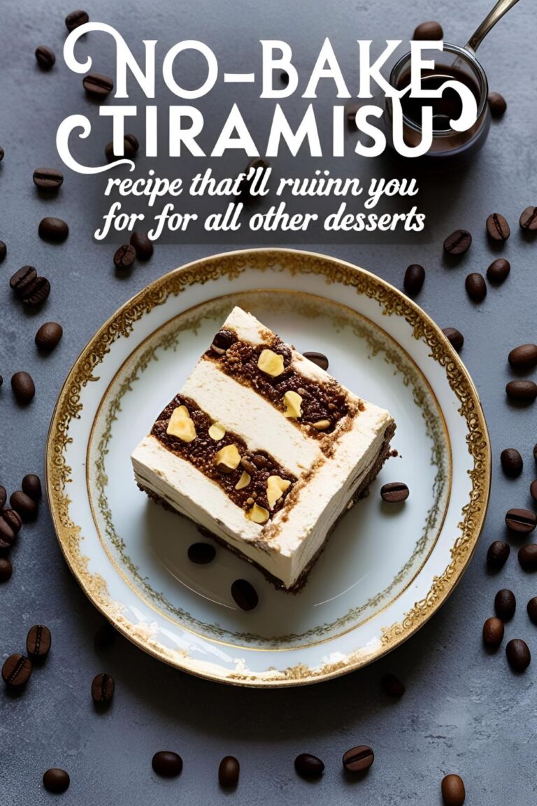 Delicious layered no-bake tiramisu topped with cocoa powder and chocolate shavings.