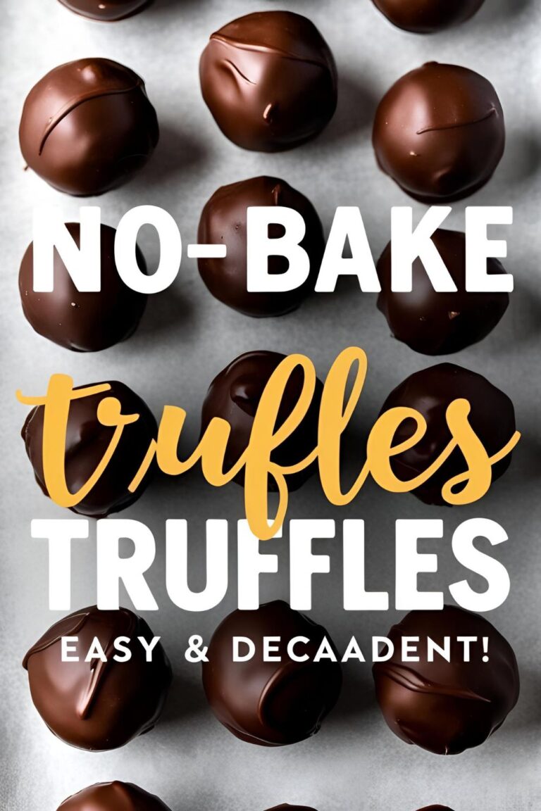 “Close-up of rich, chocolate-covered no-bake truffles with toppings like sprinkles and nuts, arranged on a parchment-lined tray for an easy, elegant dessert.”