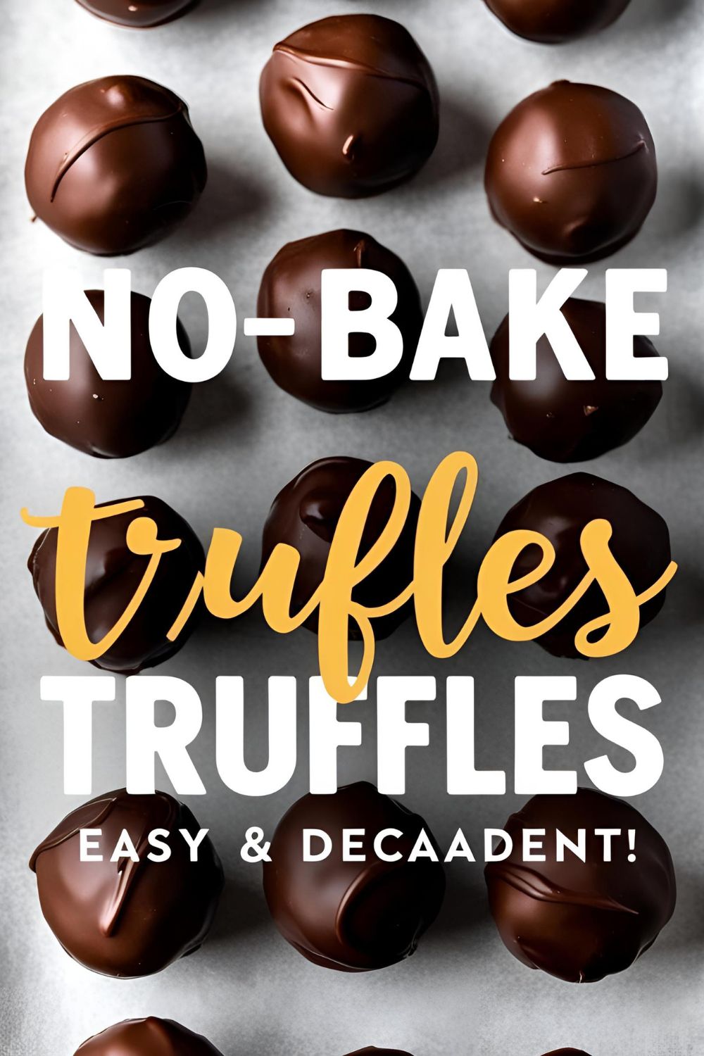 “Close-up of rich, chocolate-covered no-bake truffles with toppings like sprinkles and nuts, arranged on a parchment-lined tray for an easy, elegant dessert.”