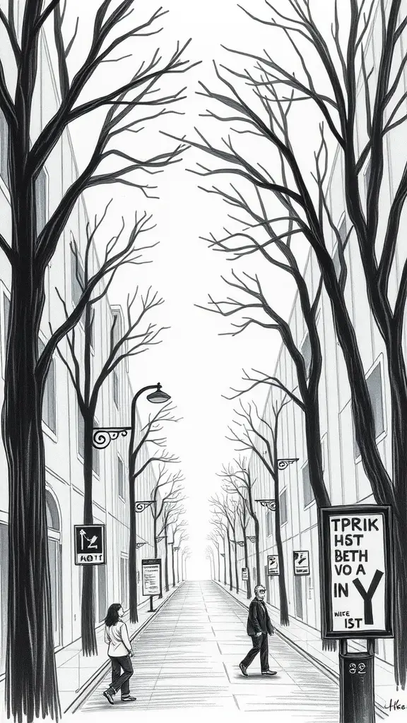 A sketch of a street scene with bare trees and two figures walking.