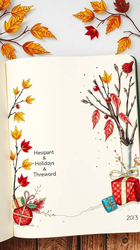 A sketchbook page featuring autumn-themed illustrations with colorful leaves and holiday gifts.