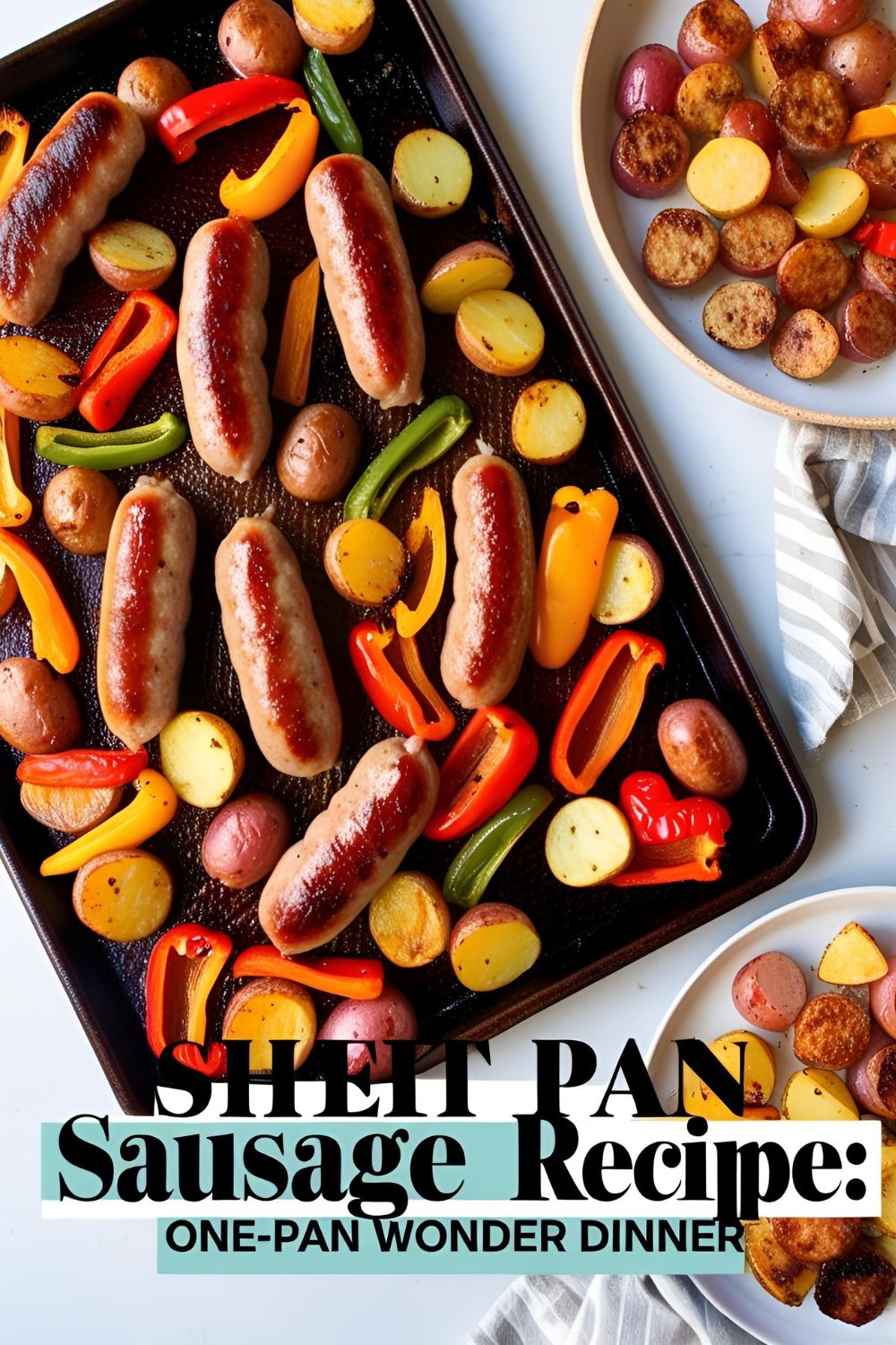 Overhead shot of colorful and crispy sheet pan sausage with roasted veggies ready to serve
