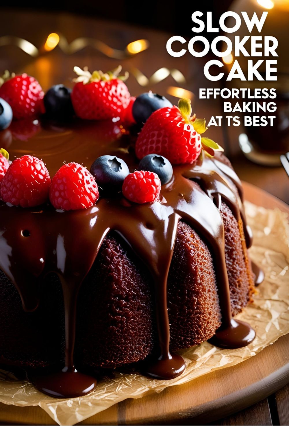 A slice of moist slow cooker cake served with a scoop of vanilla ice cream.