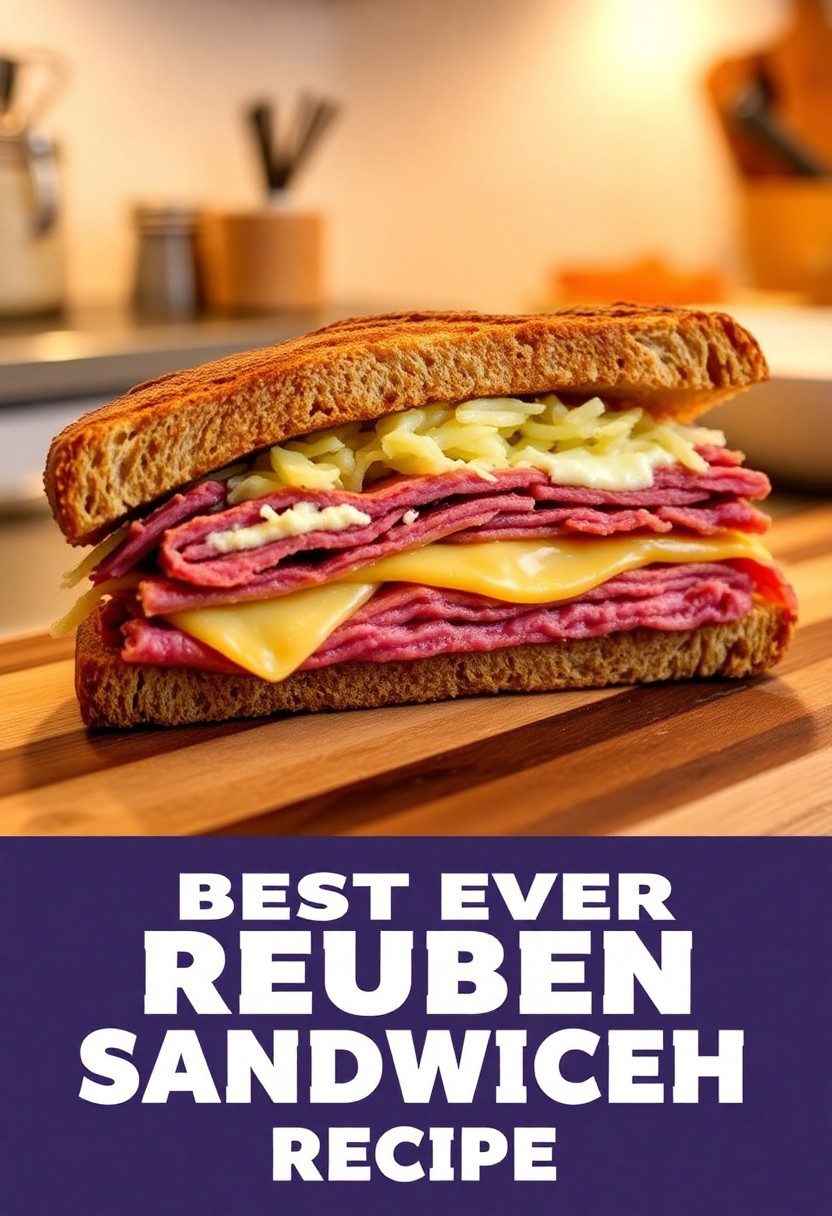 Flat lay collage of Reuben sandwich ingredients including rye bread, corned beef, Swiss cheese, sauerkraut, and Thousand Island dressing.