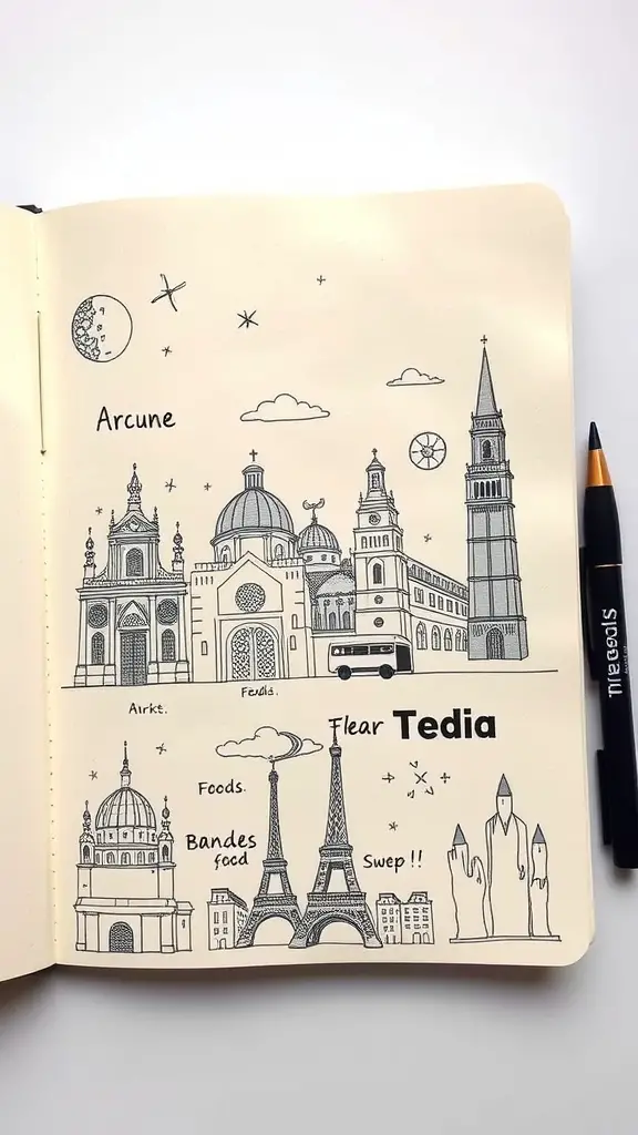 A travel journal sketch with famous landmarks and notes.