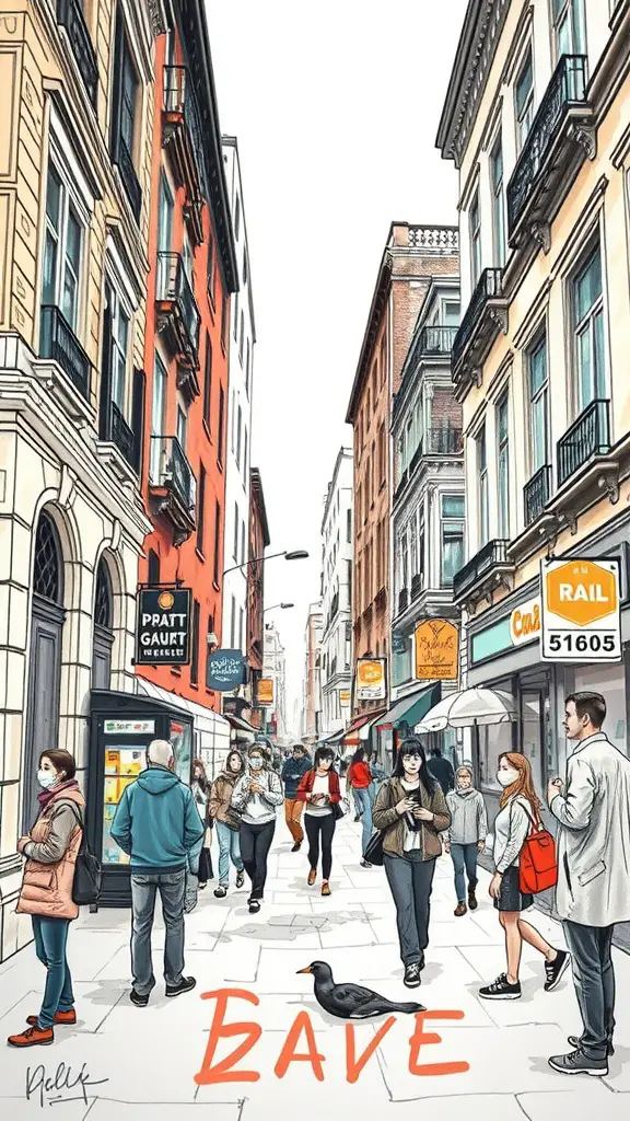 An illustration of a busy urban street with people walking and buildings lining the sides.