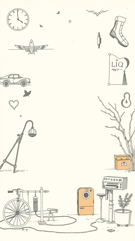 Aesthetic vintage-style sketchbook page with various doodles including a clock, car, and lamp.