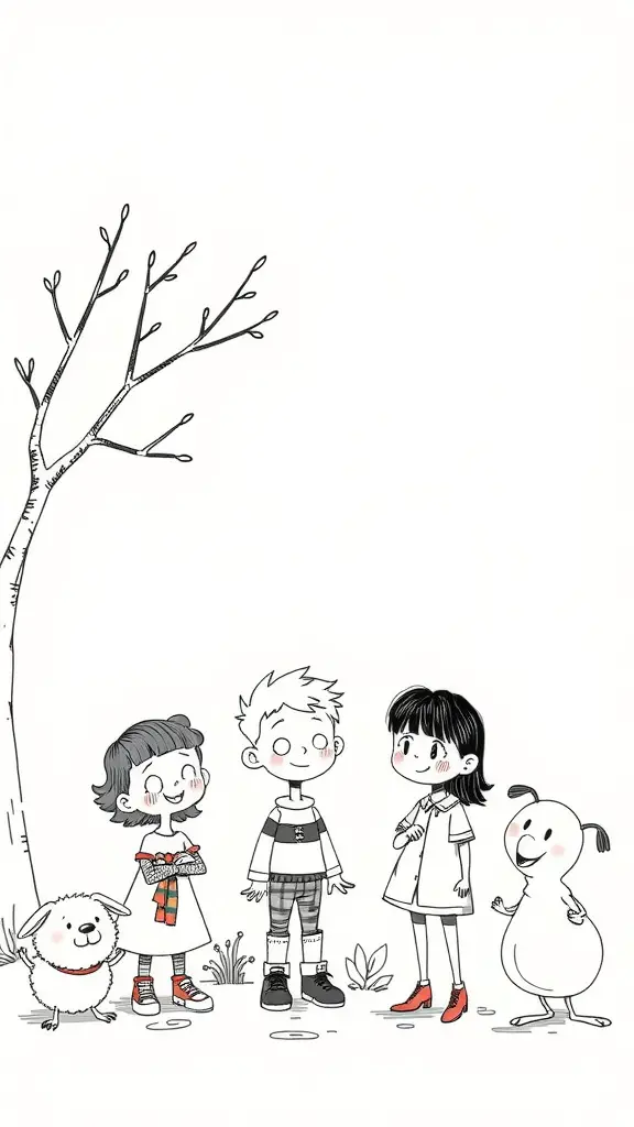 A group of whimsical cartoon characters standing together, including a boy, two girls, and a dog.