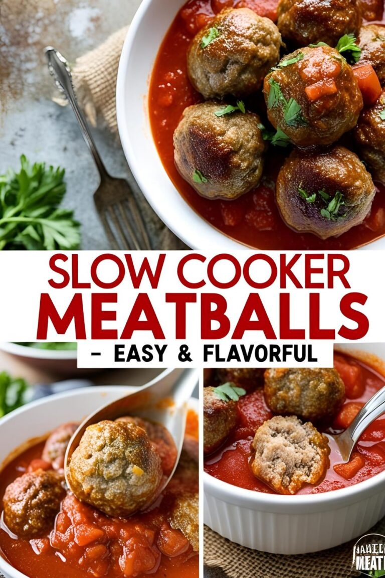 "Close-up of tender slow cooker meatballs in tomato sauce, served with fresh parmesan cheese and herbs, perfect for a weeknight dinner or appetizer."