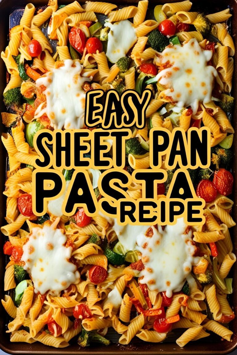 A delicious sheet pan pasta with roasted vegetables and melted cheese, served hot and ready to eat.