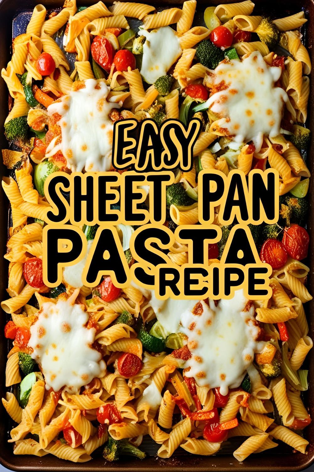 A delicious sheet pan pasta with roasted vegetables and melted cheese, served hot and ready to eat.