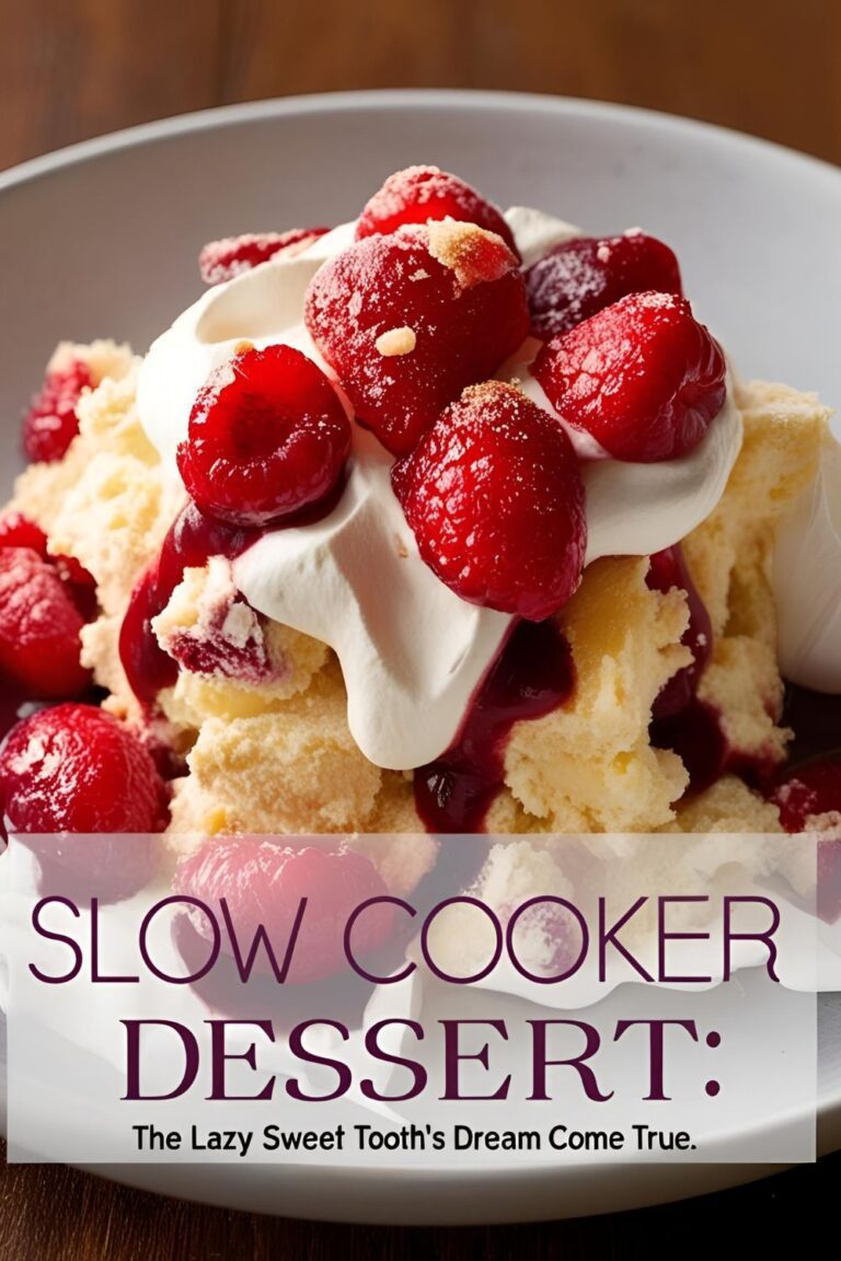 A rich and gooey slow cooker chocolate dessert served warm in a bowl, topped with whipped cream and berries, perfect for easy, hands-off indulgence.