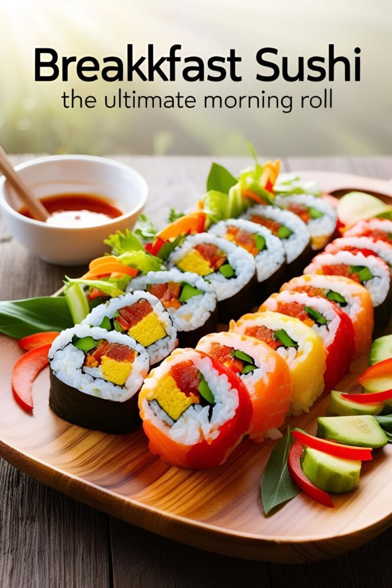 A plate of breakfast sushi rolls filled with eggs, bacon, and avocado.