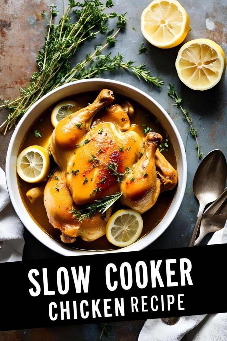 Slow cooker chicken dinner served juicy and golden with lemon and herbs