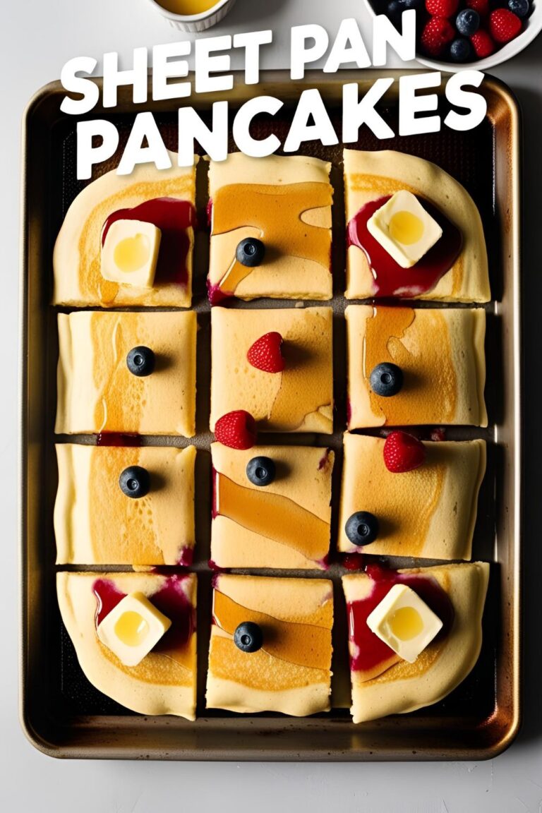 Golden sheet pan pancakes baked in the oven and cut into squares, served with syrup and fresh fruit.