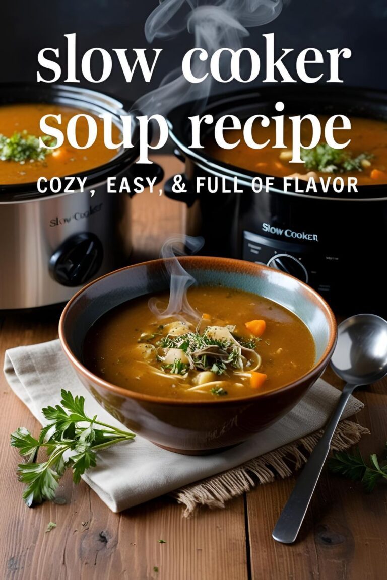 Cozy bowl of slow cooker soup with chicken, pasta, and vegetables served hot in a rustic bowl with herbs.