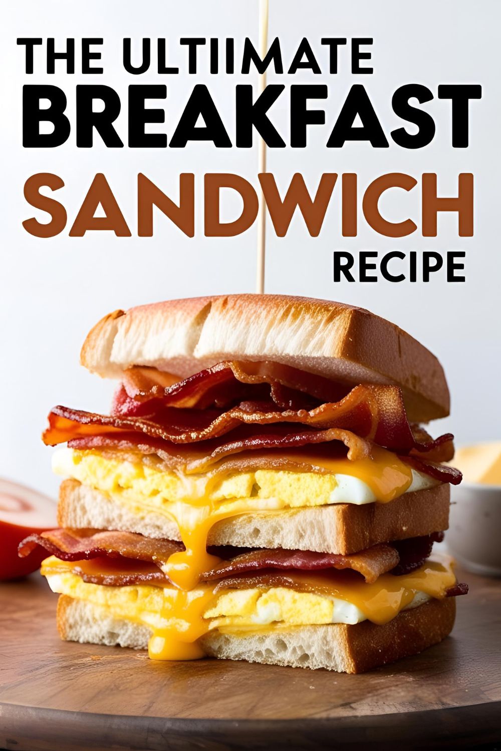 A hearty breakfast sandwich with layers of bacon, egg, and cheese between toasted bread.