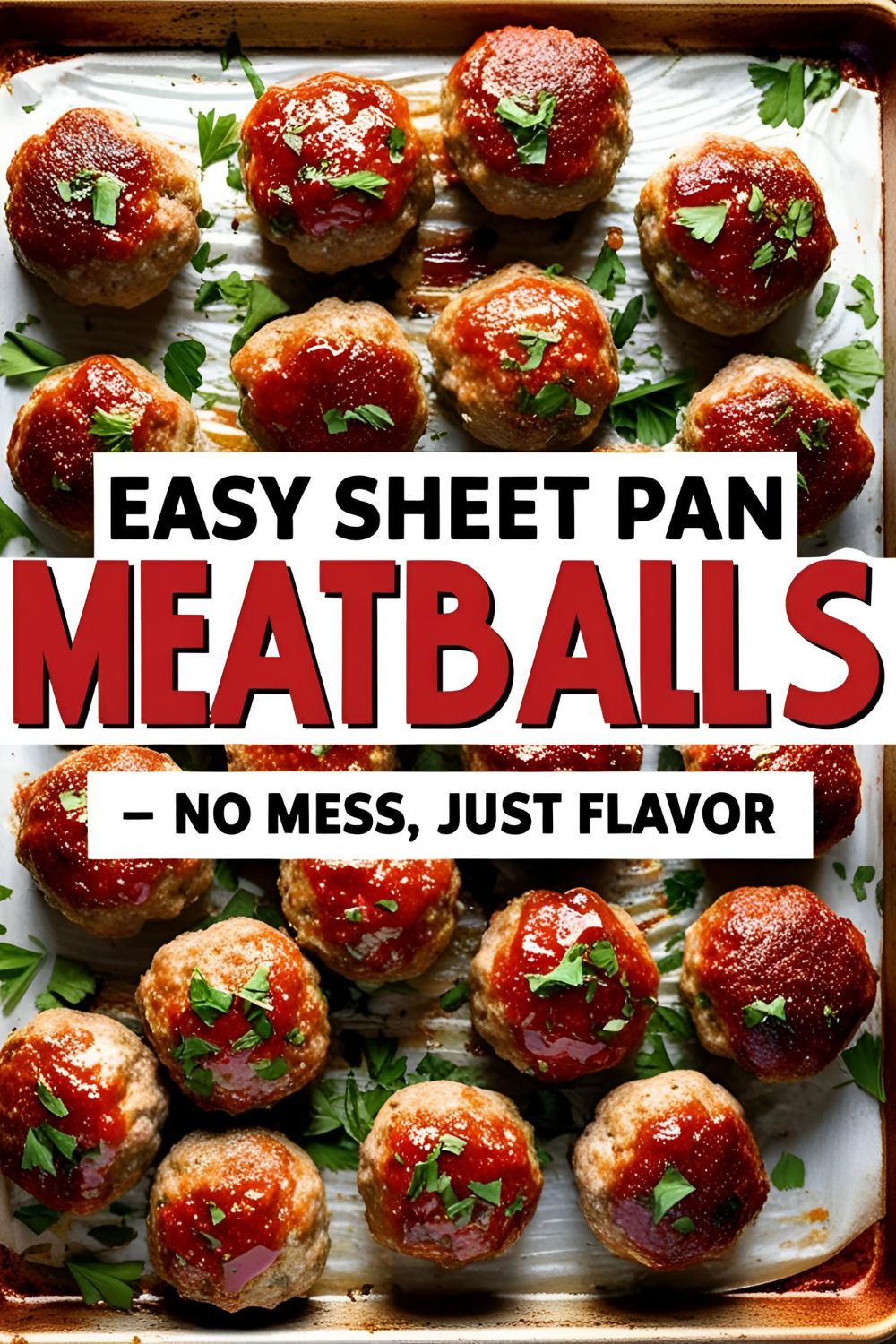 Overhead shot of golden-brown meatballs on a baking tray with herbs and crispy edges