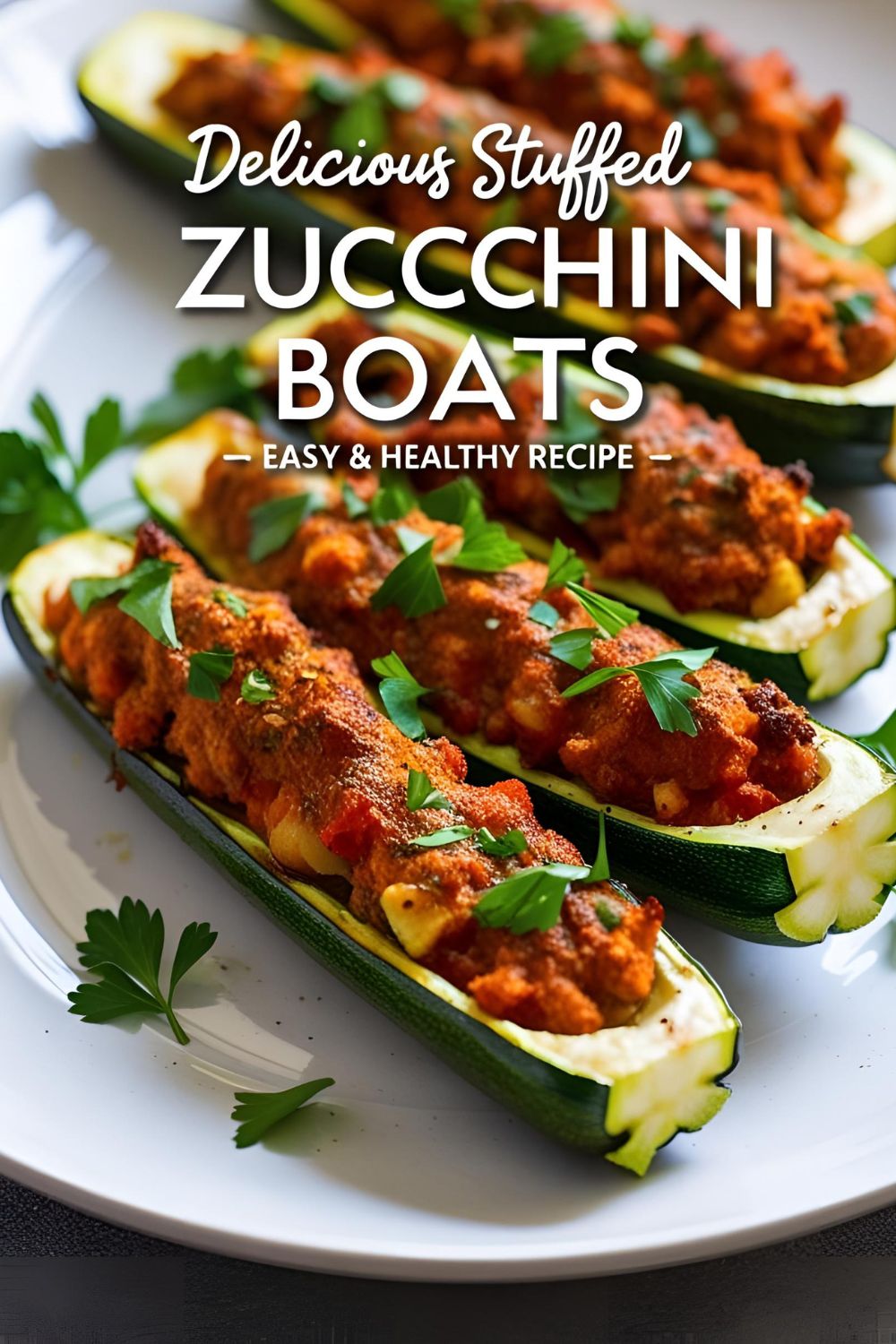 Stuffed zucchini boats filled with ground turkey, quinoa, and melted cheese, garnished with fresh basil.