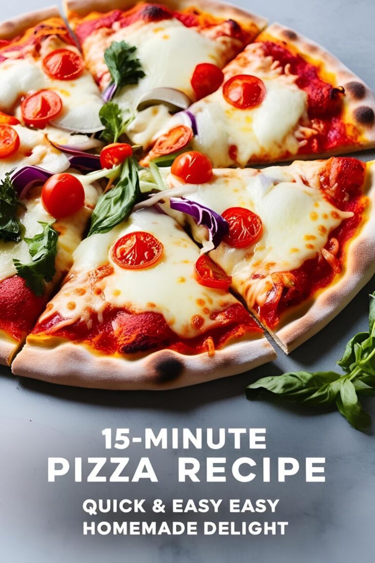 "Homemade pizza with melted cheese and fresh toppings ready in 15 minutes on a baking tray."