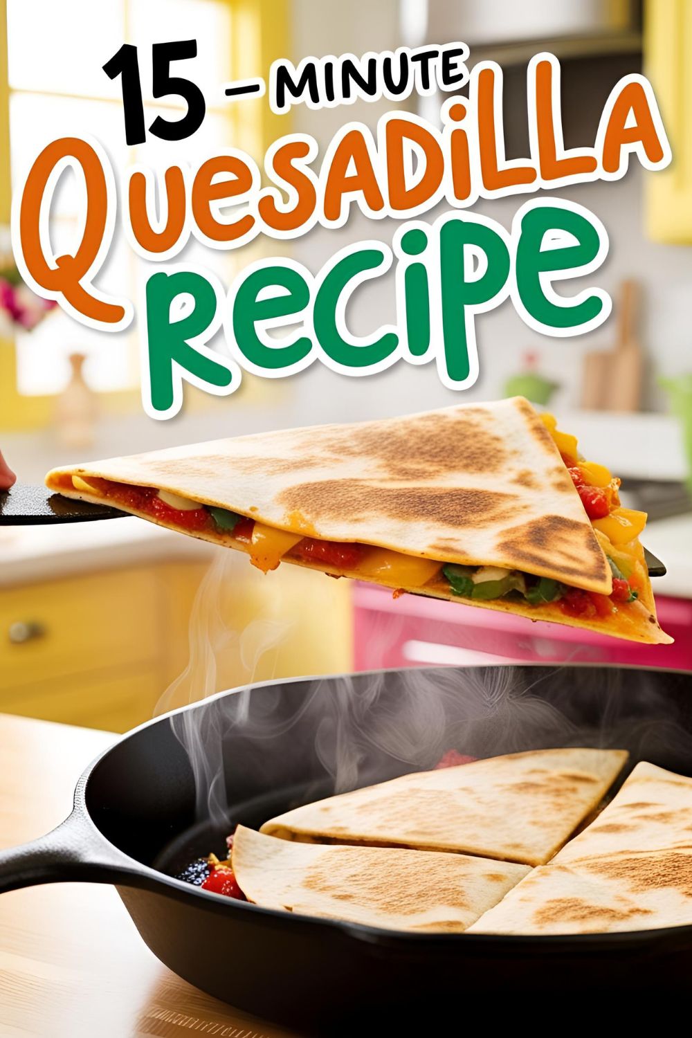 A golden-brown quesadilla sliced into wedges, oozing with melted cheese and garnished with fresh herbs.
