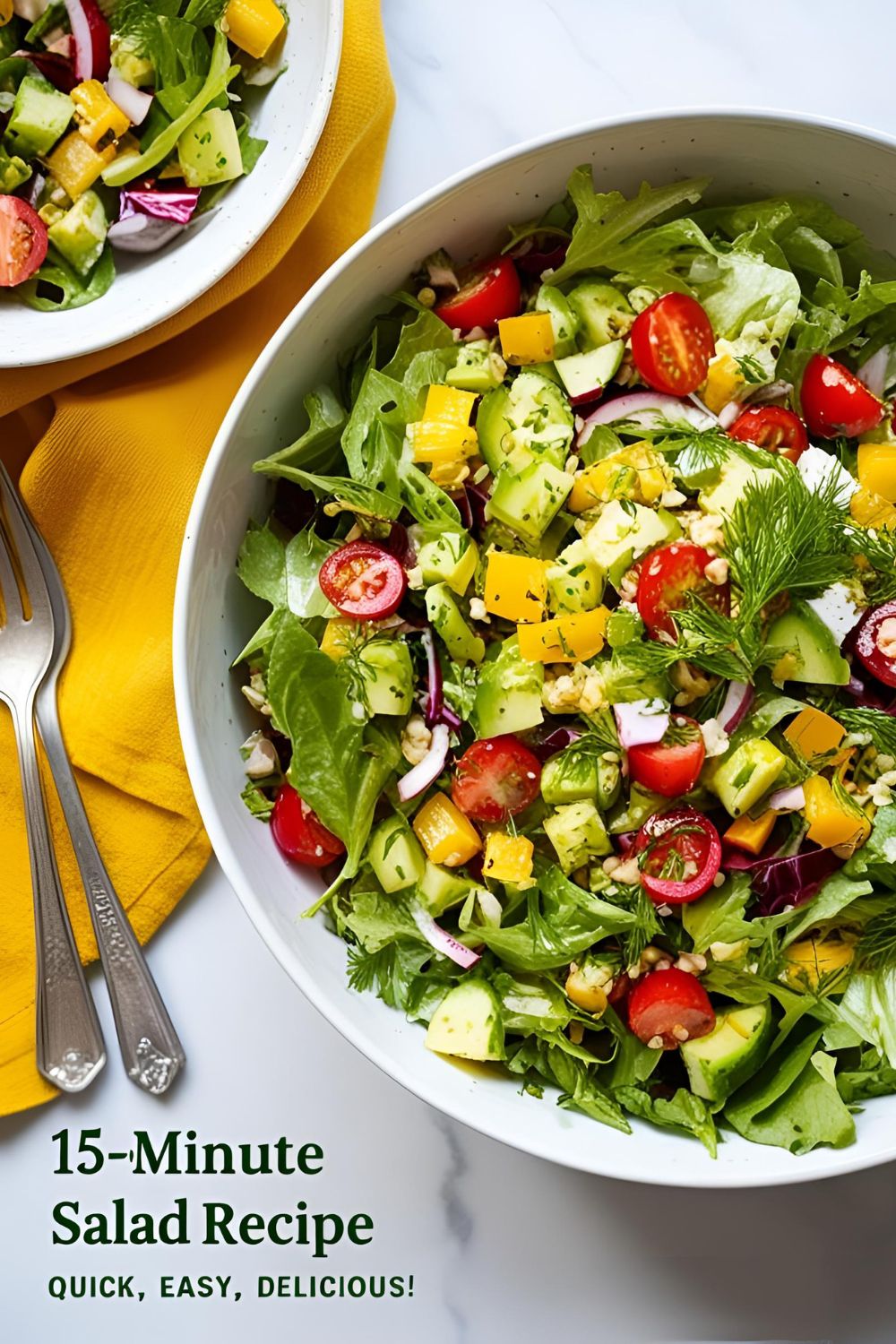 A vibrant 15-minute salad featuring fresh greens, tomatoes, and chickpeas.