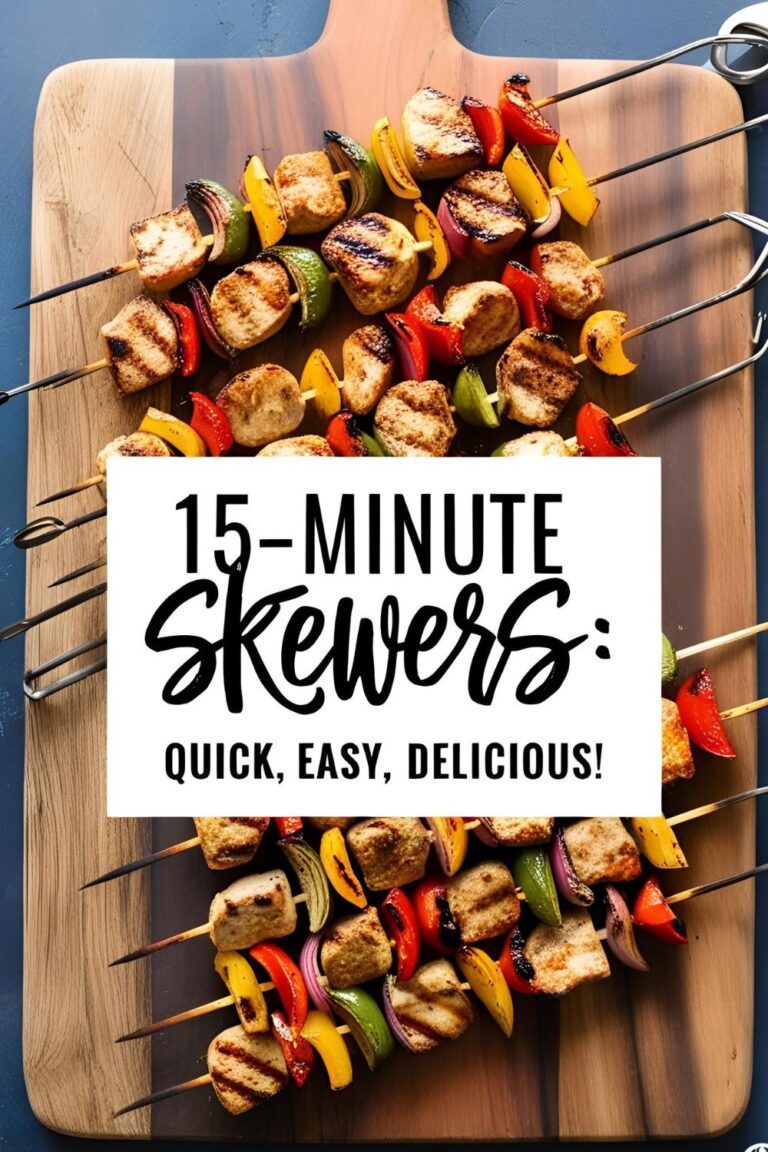 : Grilled chicken and vegetable skewers served on a plate with dipping sauce.