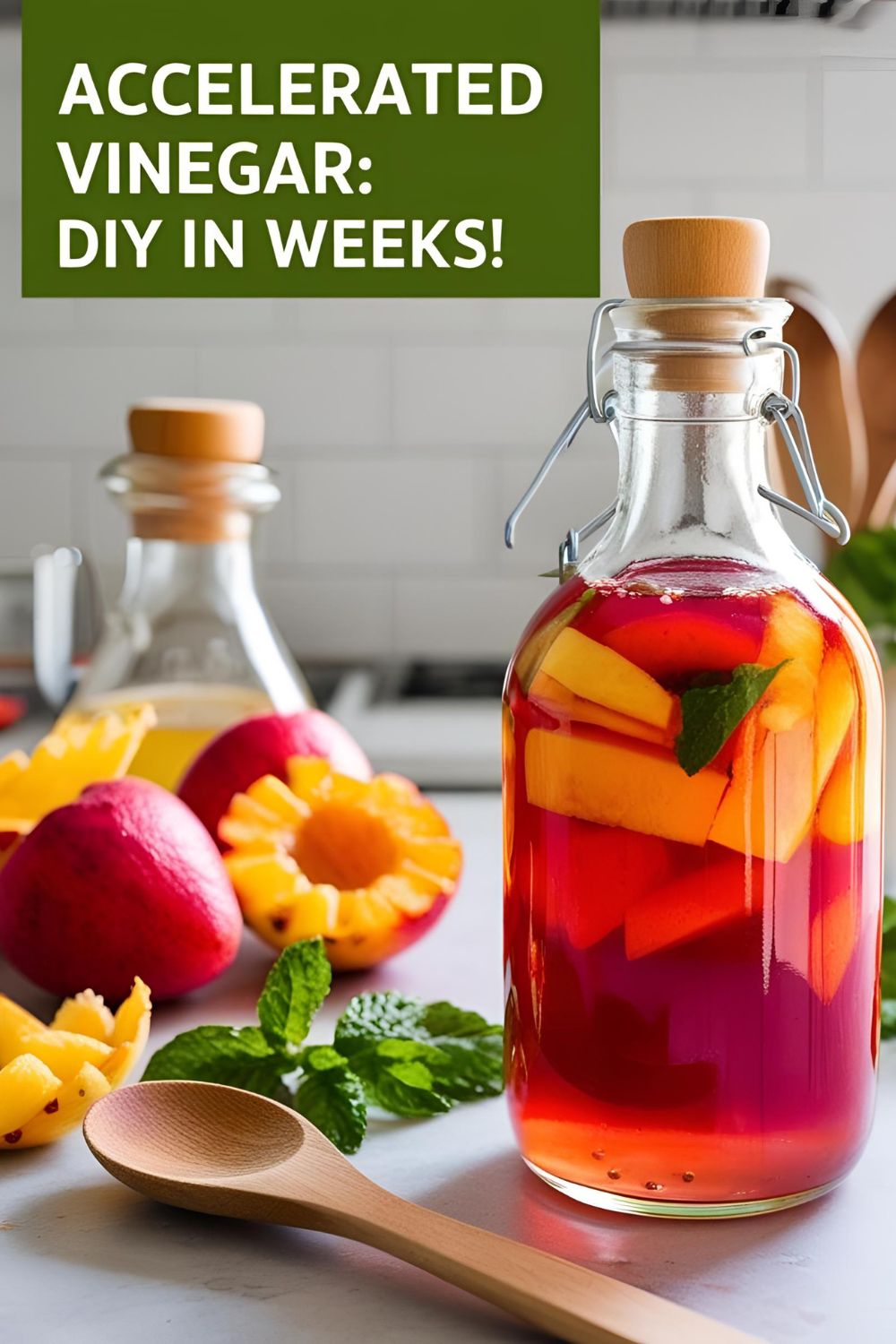"Glass jar of homemade accelerated vinegar surrounded by fresh fruit scraps on a kitchen counter."