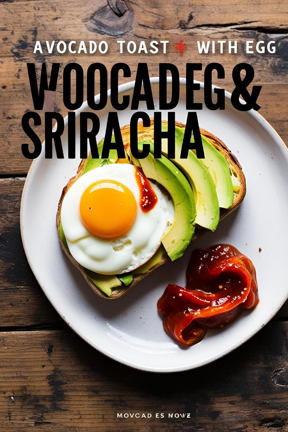 "Avocado toast topped with egg and a drizzle of Sriracha sauce on a rustic plate."